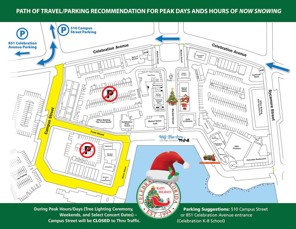 Now Snowing in Celebration Parking Map